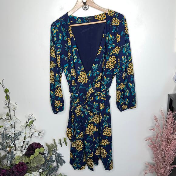 J. CREW Golden Floral Wrap Dress 365 Crepe Blue Yellow {PP39} - Picture 4 of 8